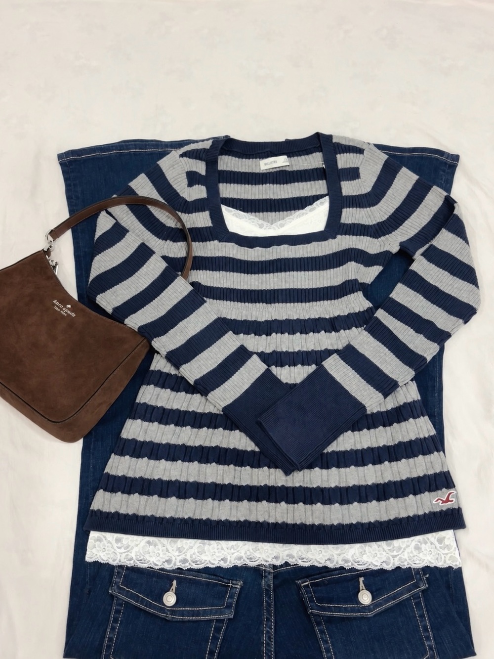 Hollister Navy & Light Gray Striped Ribbed Scoop Neck Sweater